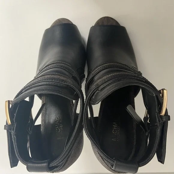 Michael Kors Women's Black Brown Logo Leather Open‑Toe Ankle Booties Size 7.5 - Picture 8 of 11